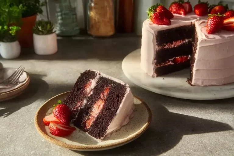 Delicious strawberry chocolate cake topped with fresh strawberries and chocolate ganache.