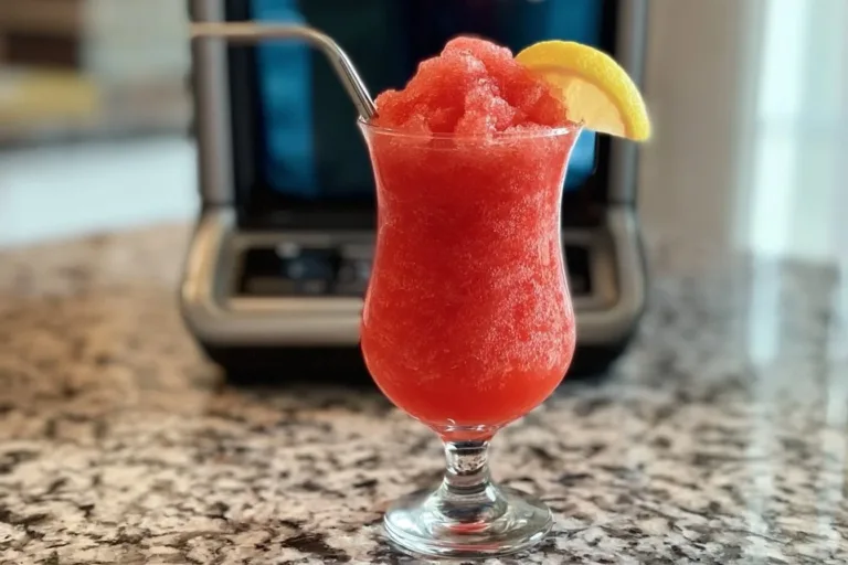 Refreshing strawberry lemonade slush in a glass with fresh strawberries and lemons