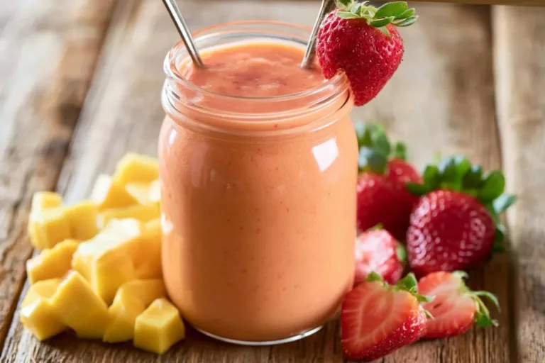 Delicious strawberry mango smoothie in a glass with fresh fruit garnish.