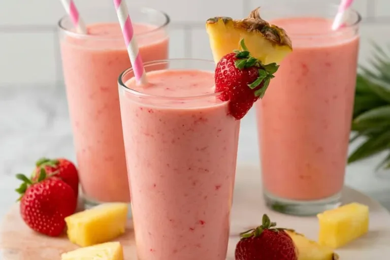 Refreshing strawberry pineapple smoothie in a glass with fresh fruit garnish