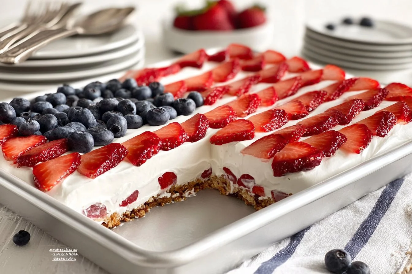 Strawberry Pretzel Jello Salad in a glass dish with whipped cream topping