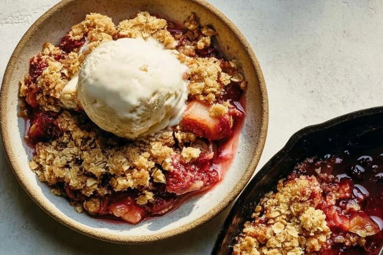 Homemade Strawberry Rhubarb Crisp dessert in a baking dish