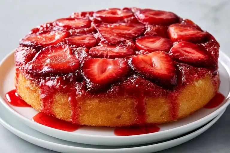 Delicious strawberry upside down cake with fresh strawberries on top