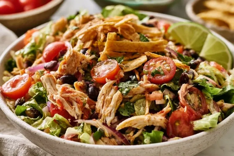 A vibrant Taco Chicken Salad filled with grilled chicken, colorful veggies, and taco seasoning.