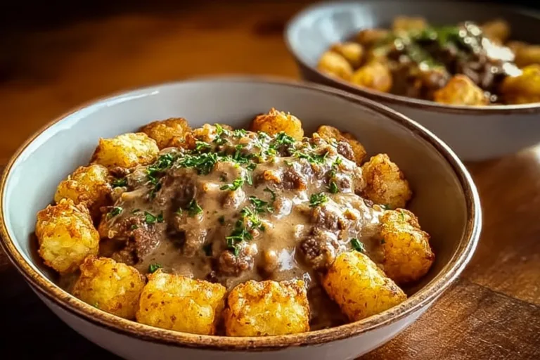 Tater Tot Breakfast Bowl topped with sausage gravy and garnished with green onions