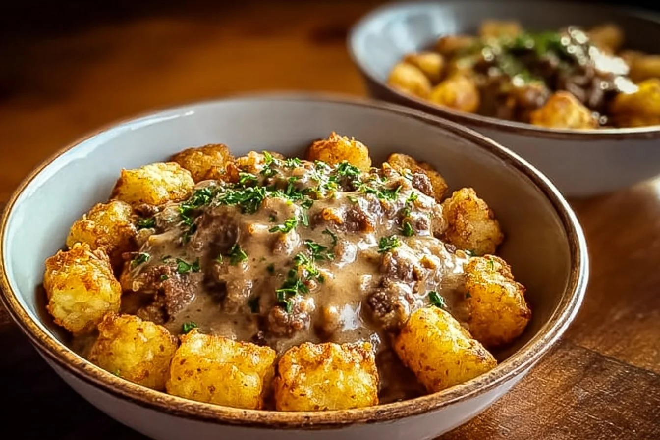 Tater Tot Breakfast Bowl topped with sausage gravy and garnished with green onions