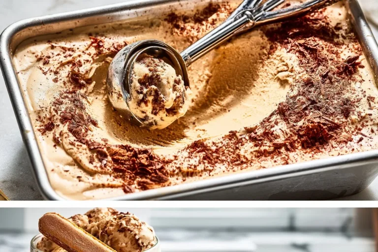 Creamy tiramisu ice cream served in a bowl with cocoa powder on top.