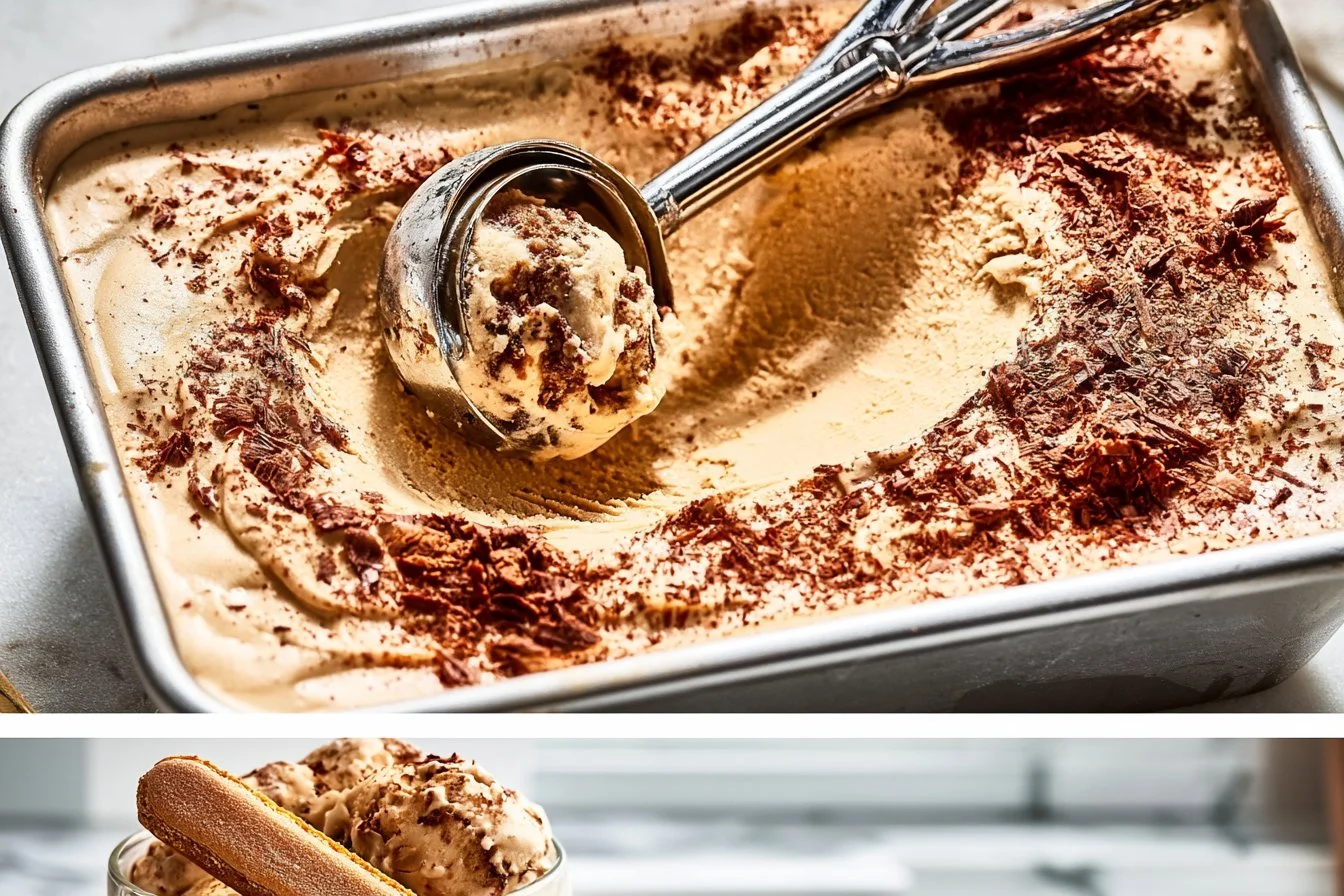 Creamy tiramisu ice cream served in a bowl with cocoa powder on top.