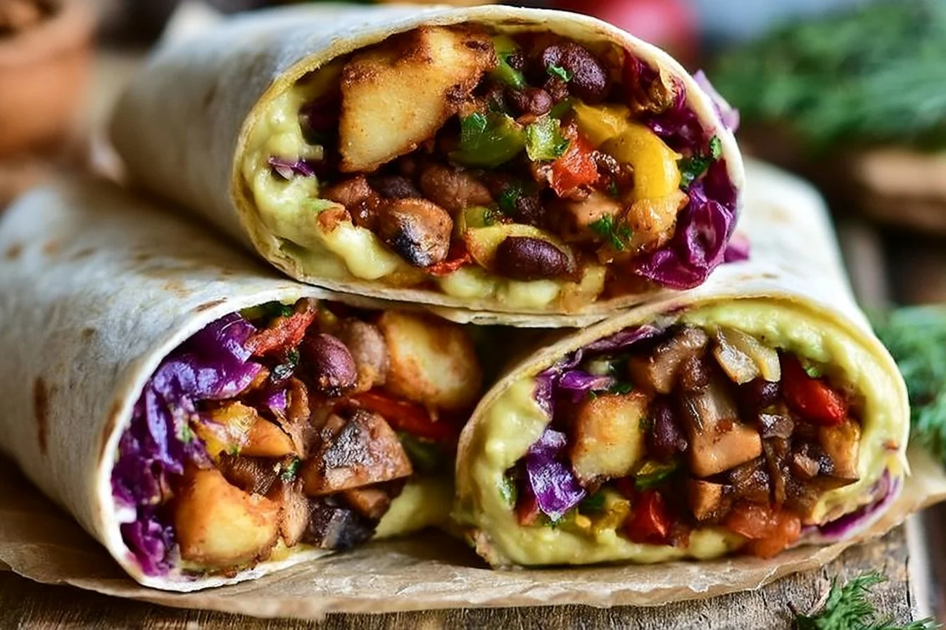 Delicious vegan breakfast burritos filled with vegetables and spices