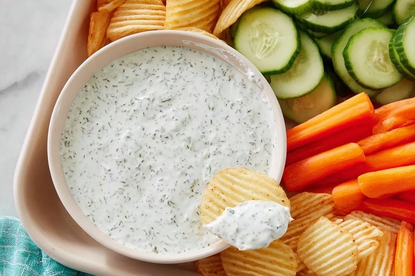 Whipped cottage cheese ranch dip served in a bowl with fresh veggies.