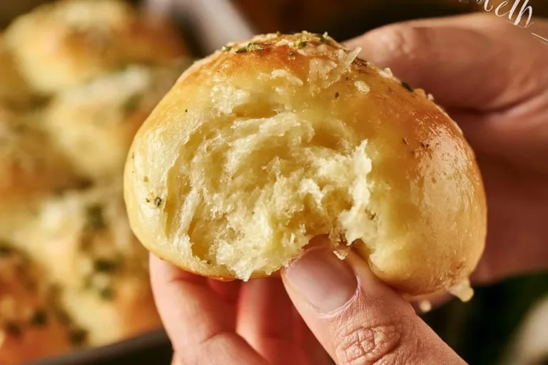 Freshly baked garlic parmesan dinner rolls on a wooden board