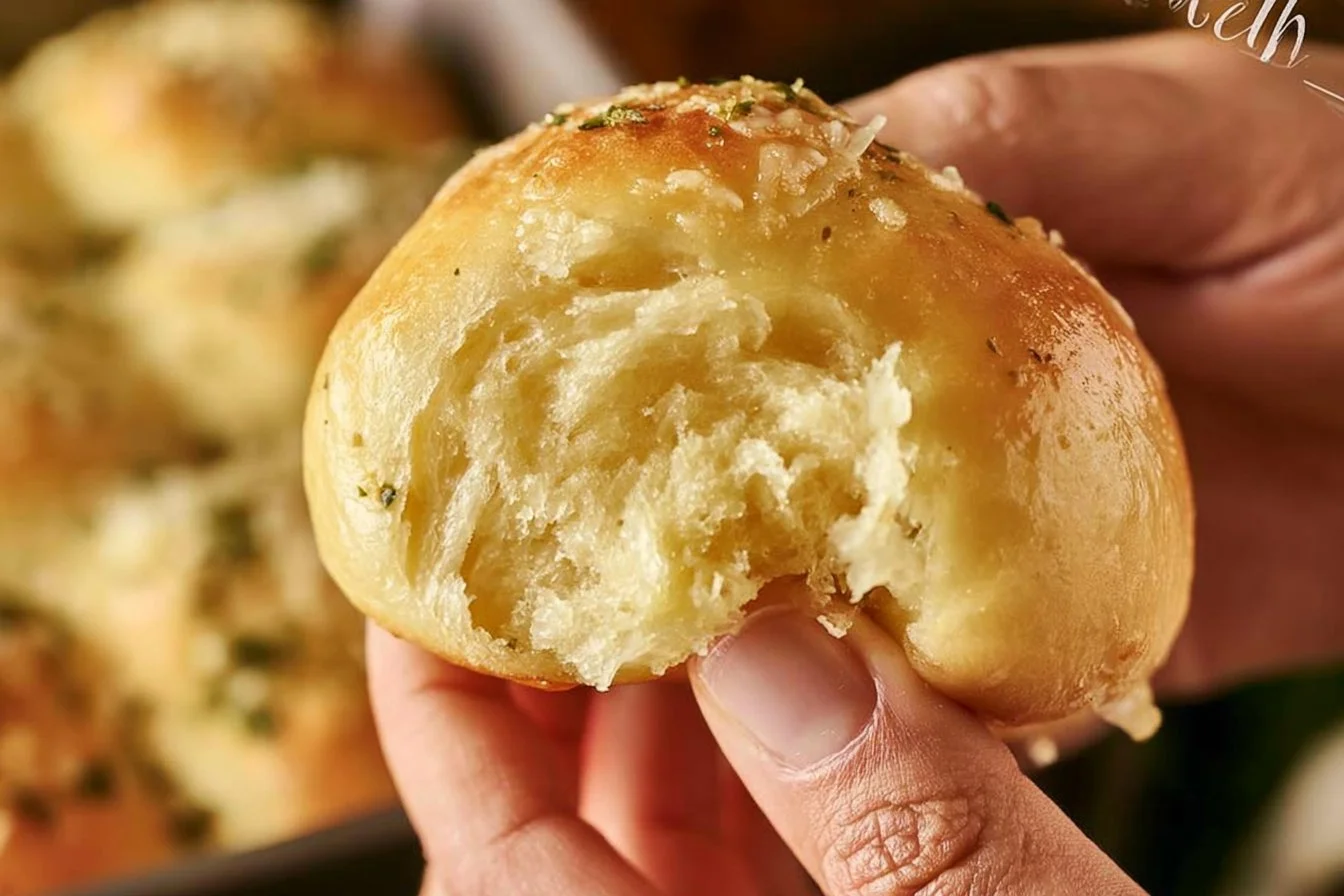 Freshly baked garlic parmesan dinner rolls on a wooden board