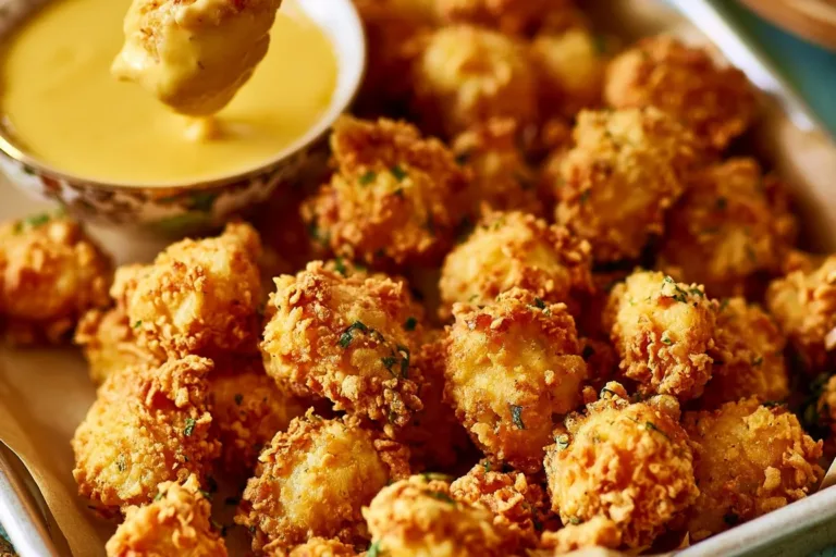Baked Popcorn Chicken served with dipping sauce on a plate.