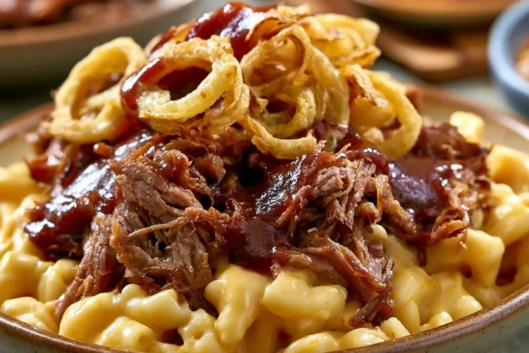 Delicious Brisket Mac and Cheese topped with melted cheese and brisket chunks.