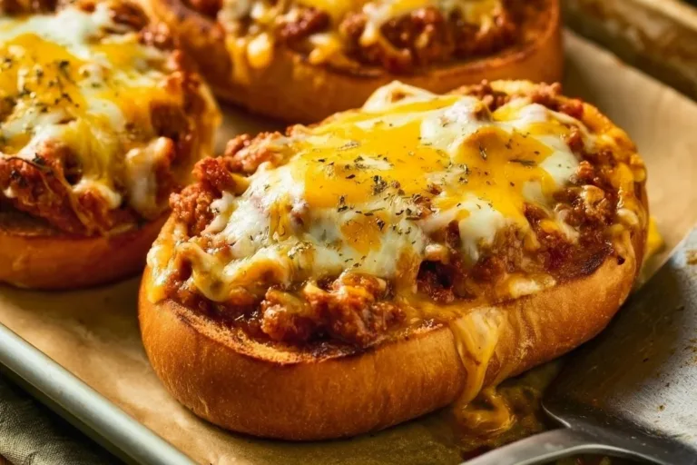 Delicious cheesy garlic bread Sloppy Joes topped with melted cheese