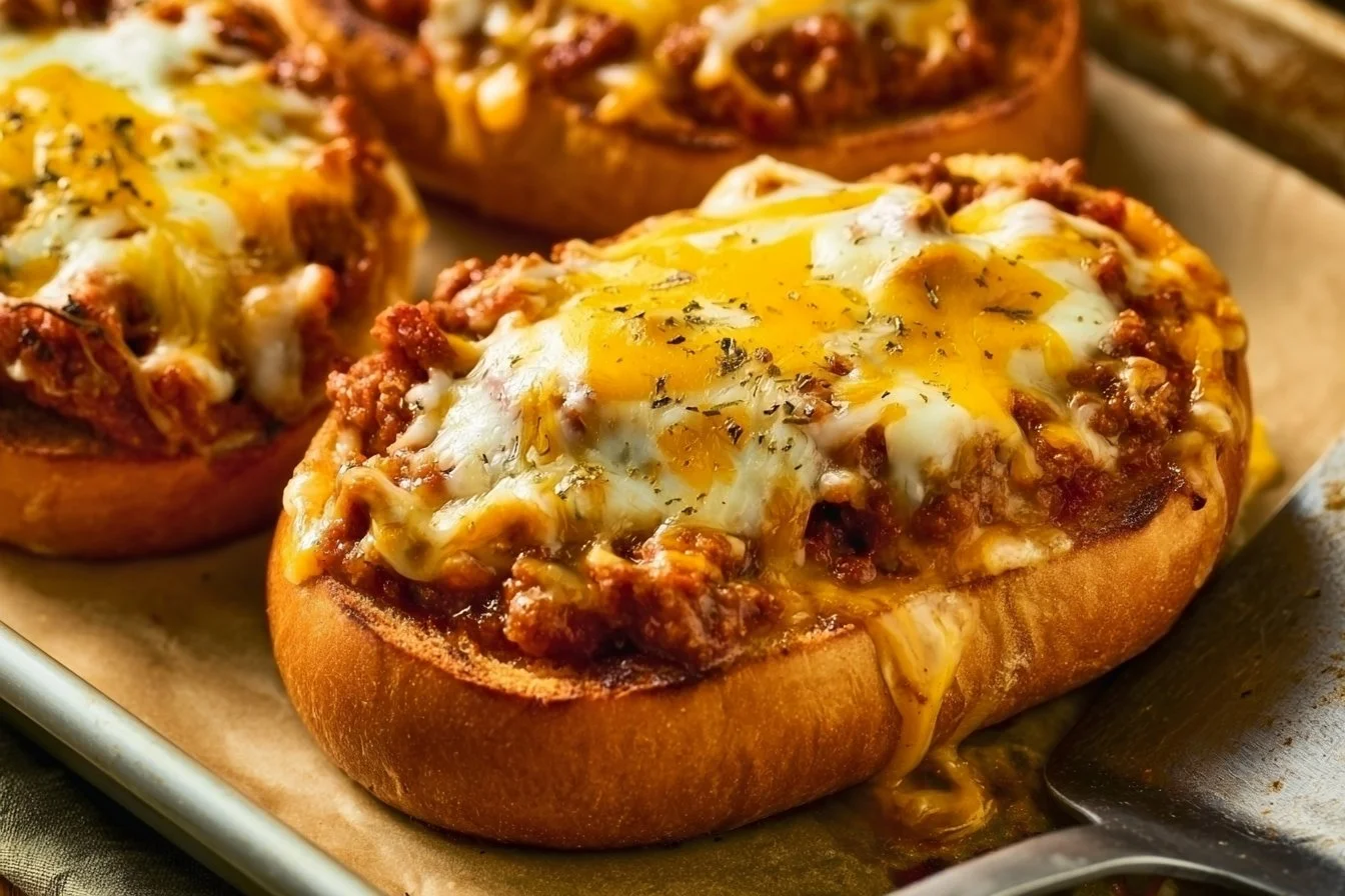 Delicious cheesy garlic bread Sloppy Joes topped with melted cheese
