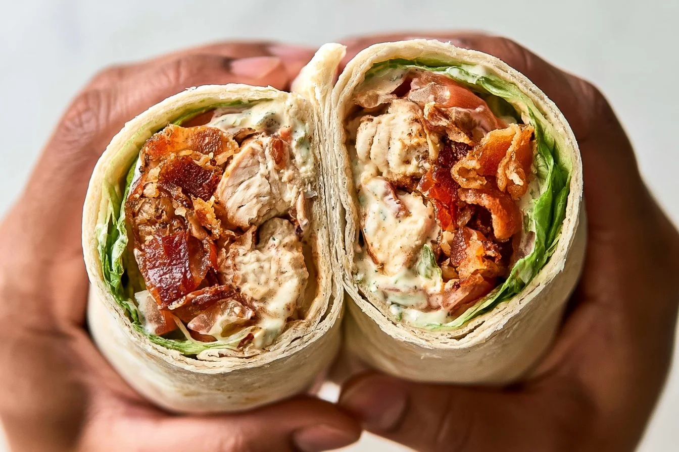 Delicious Chicken Bacon Wrap with crispy bacon and fresh vegetables