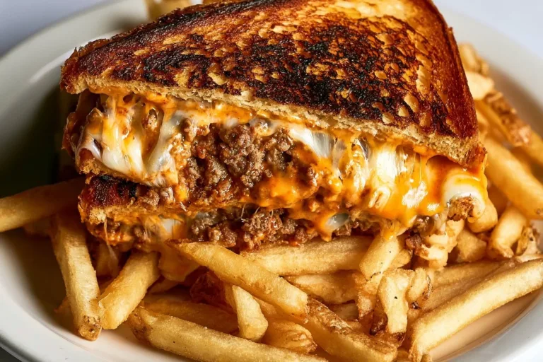 Classic Patty Melt with beef, cheese, and grilled onions on toasted bread.