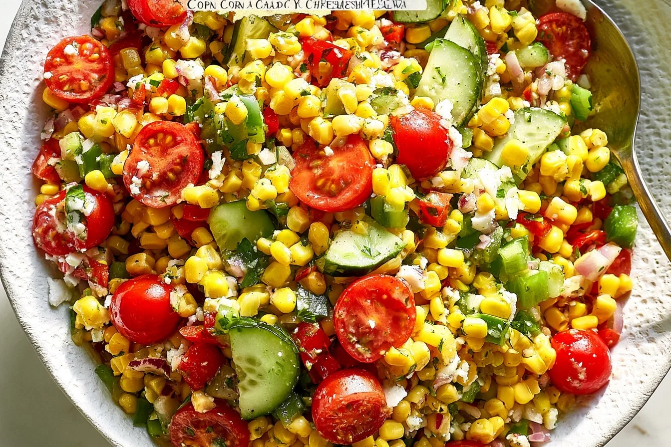 Colorful corn salad with fresh vegetables and herbs in a bowl