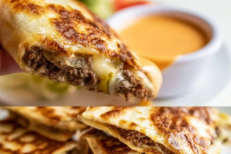 Crispy cheeseburger quesadilla with melted cheese and beef filling