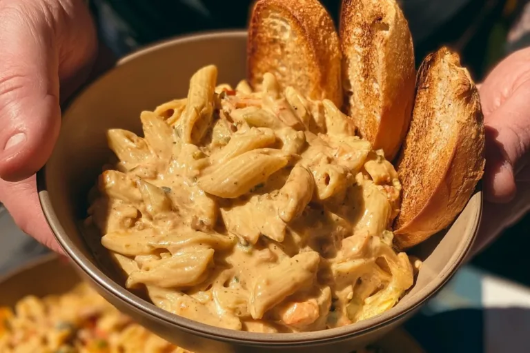 Crock Pot Chicken Pot Pie Pasta topped with herbs and spices in a bowl