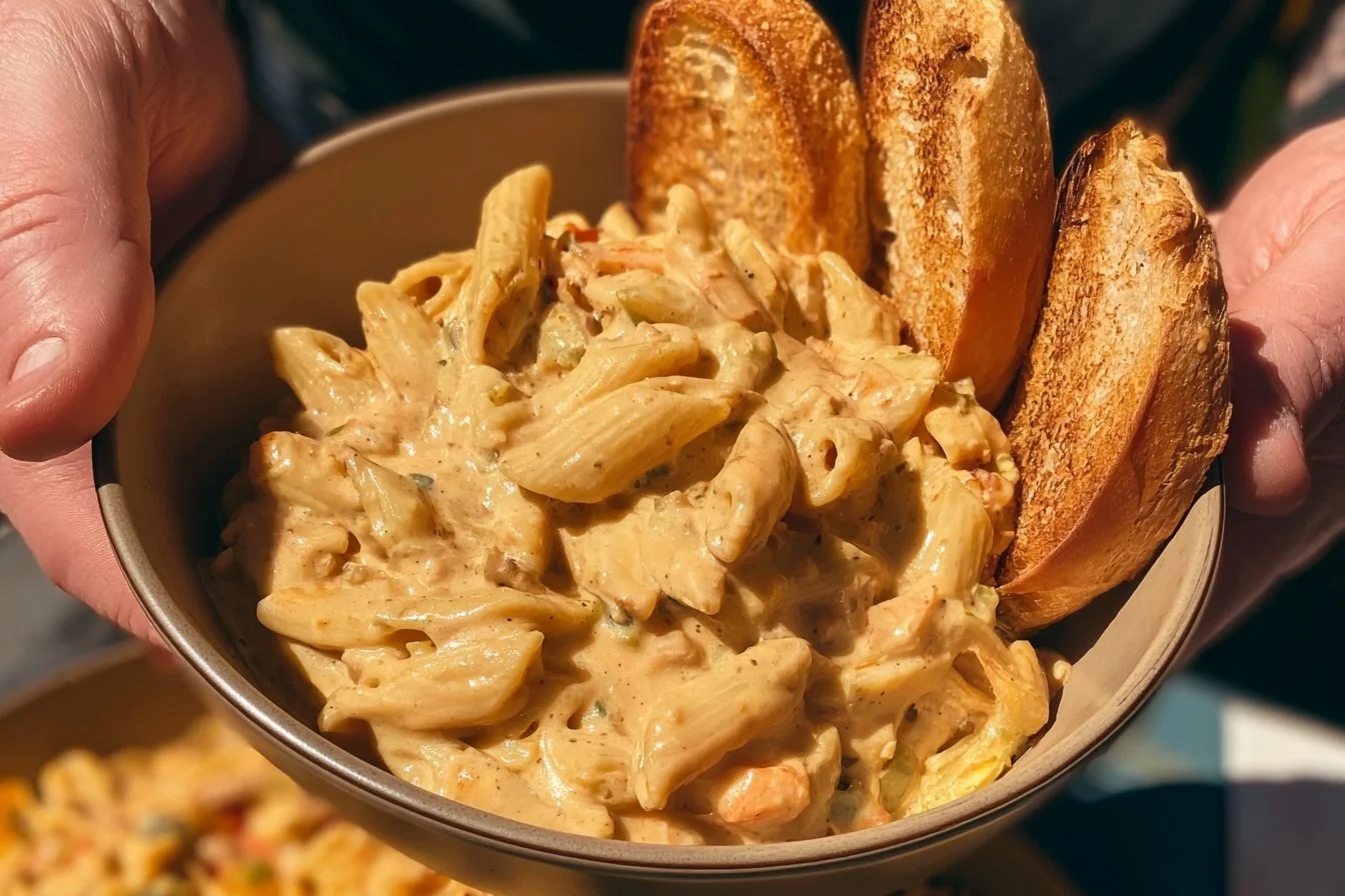Crock Pot Chicken Pot Pie Pasta topped with herbs and spices in a bowl