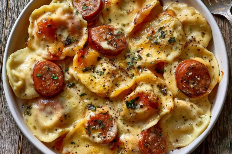 Crockpot Pierogi Casserole with Kielbasa topped with cheese and herbs
