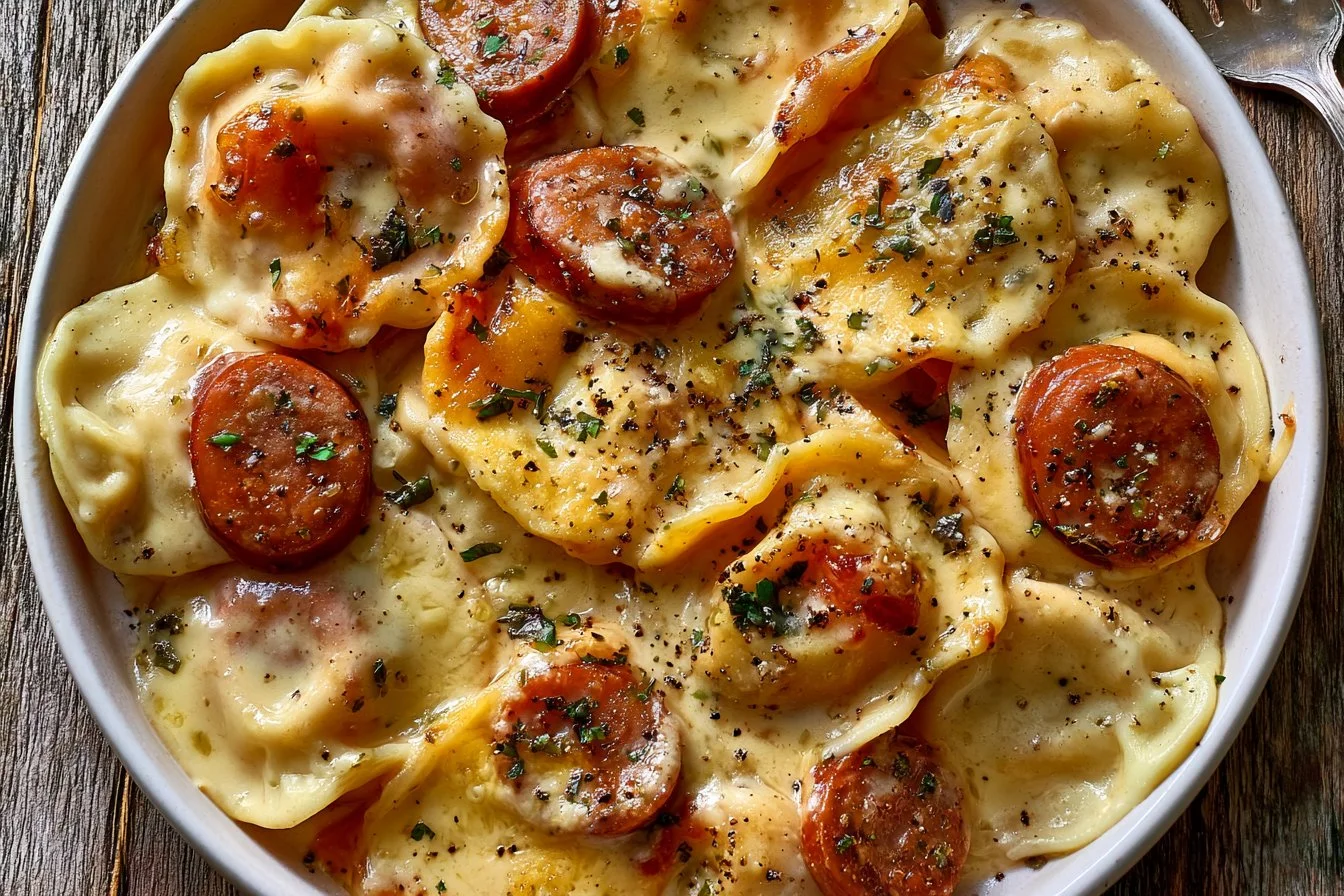 Crockpot Pierogi Casserole with Kielbasa topped with cheese and herbs