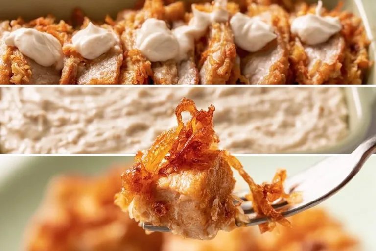 French onion pork chops casserole with caramelized onions and melted cheese