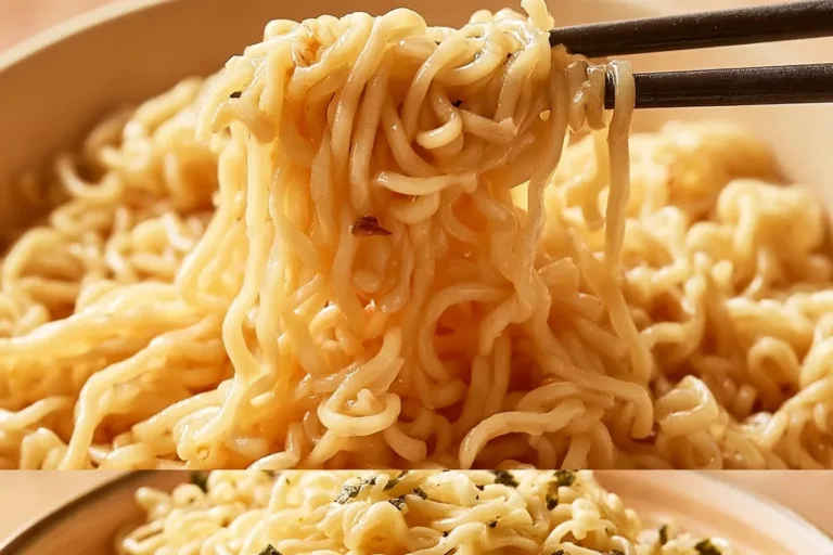 Bowl of garlic butter ramen noodles garnished with scallions and sesame seeds.