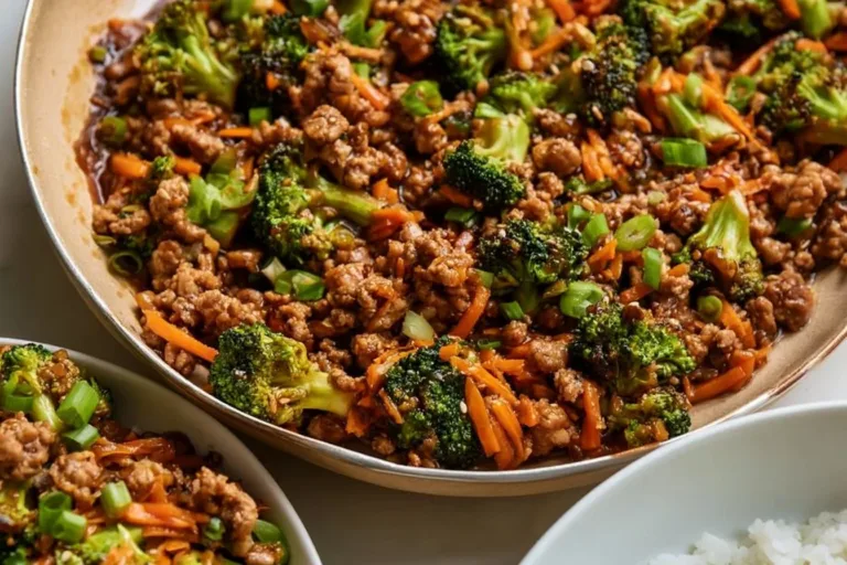Ground turkey teriyaki stir fry with colorful vegetables in a skillet