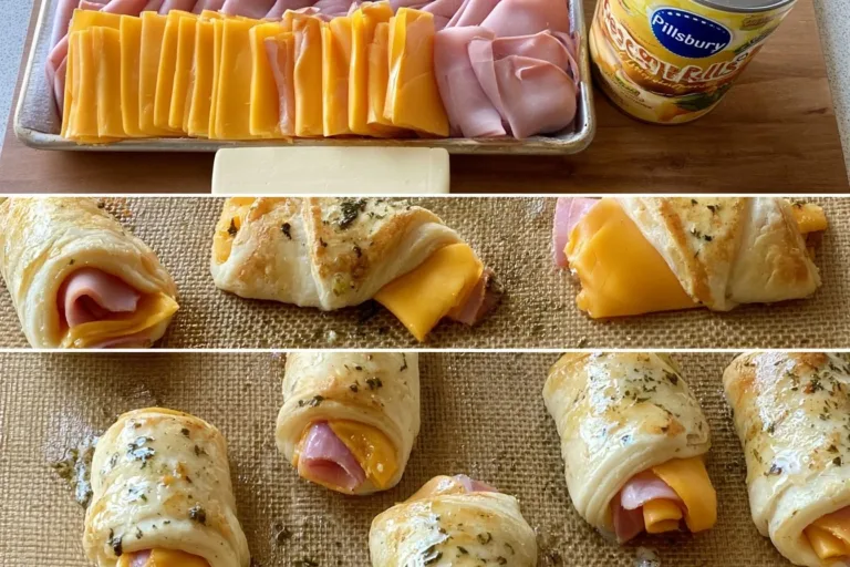 Ham and cheese crescent roll ups baked until golden brown and crispy