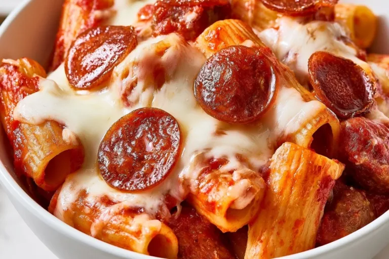Delicious Pizza Pasta Bake with melted cheese and toppings in a baking dish.