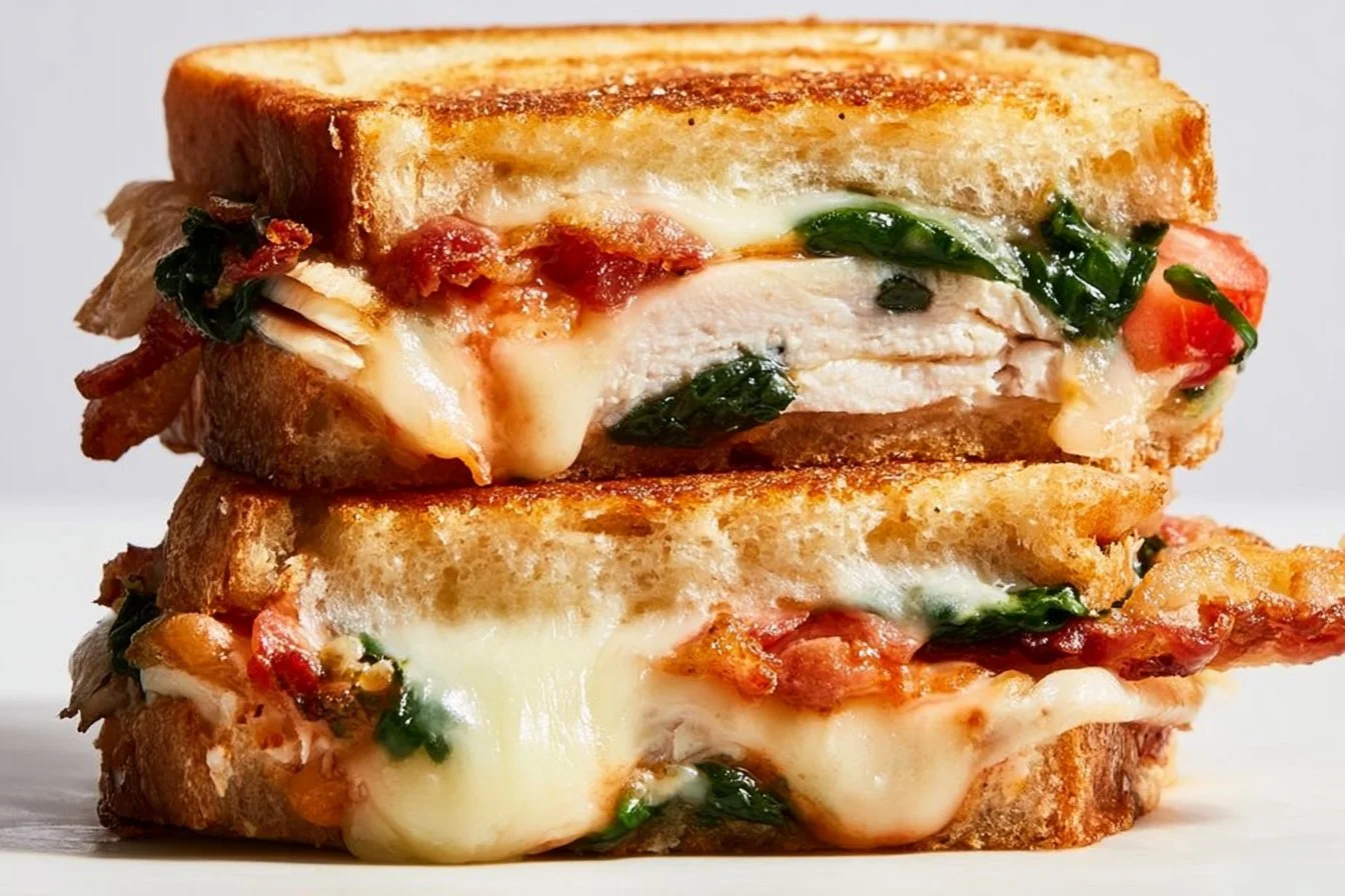 Turkey Melt sandwich with bacon, spinach, and cheddar cheese cooked to perfection