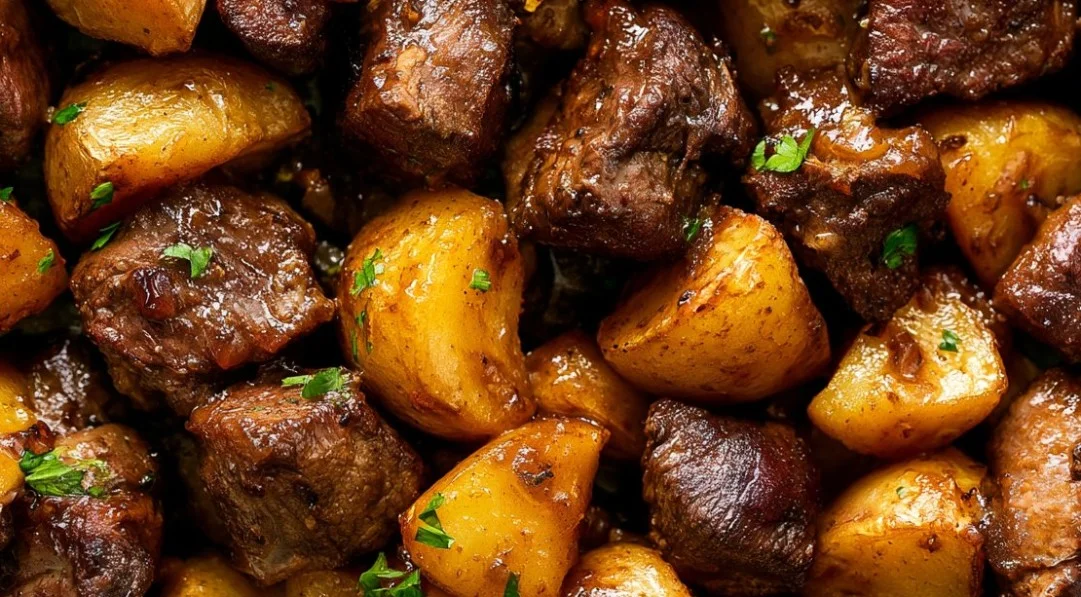 Savory Asian steak bites served with crispy potatoes, a delicious meal option.
