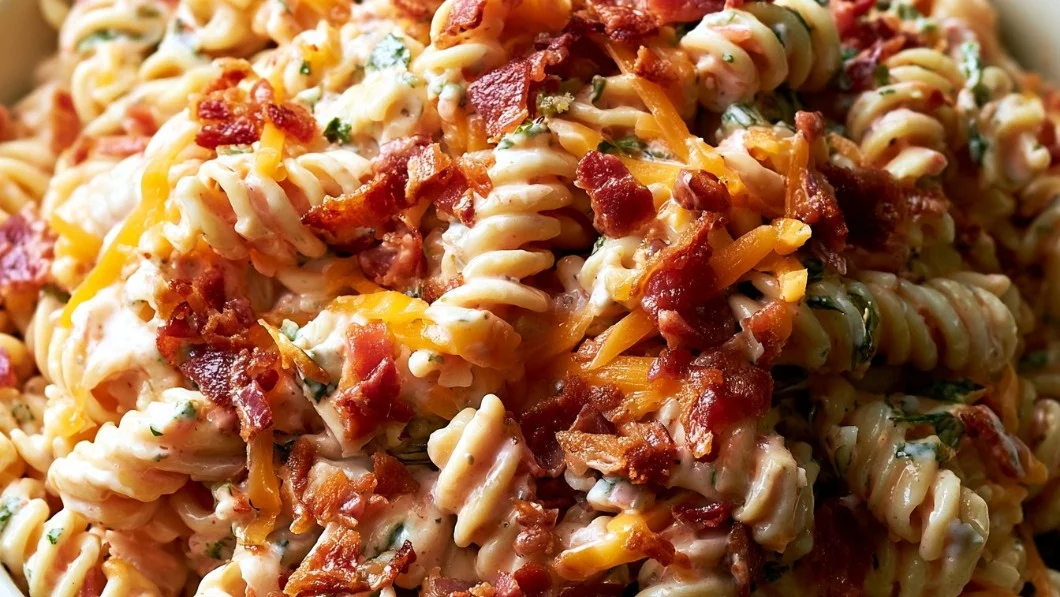 Bacon Ranch Pasta Salad served in a bowl with fresh ingredients