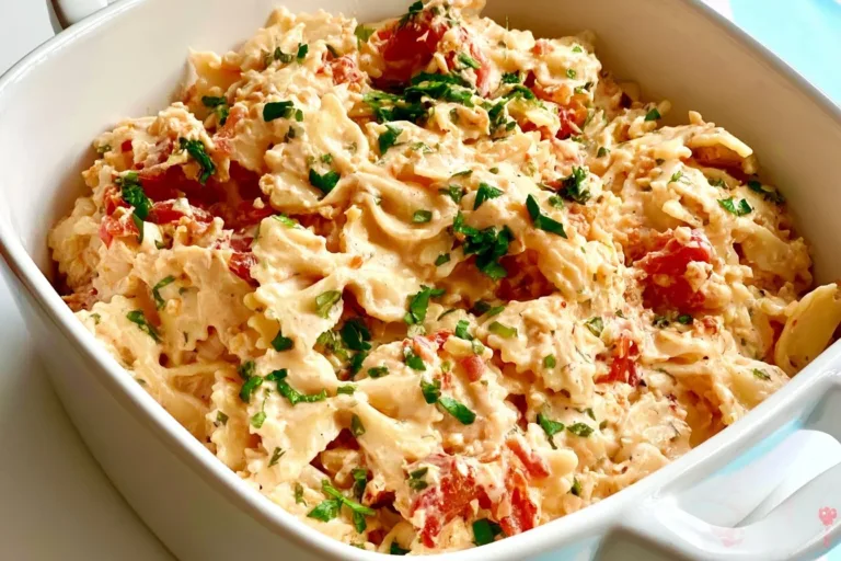 Baked feta pasta topped with fresh herbs and tomatoes.