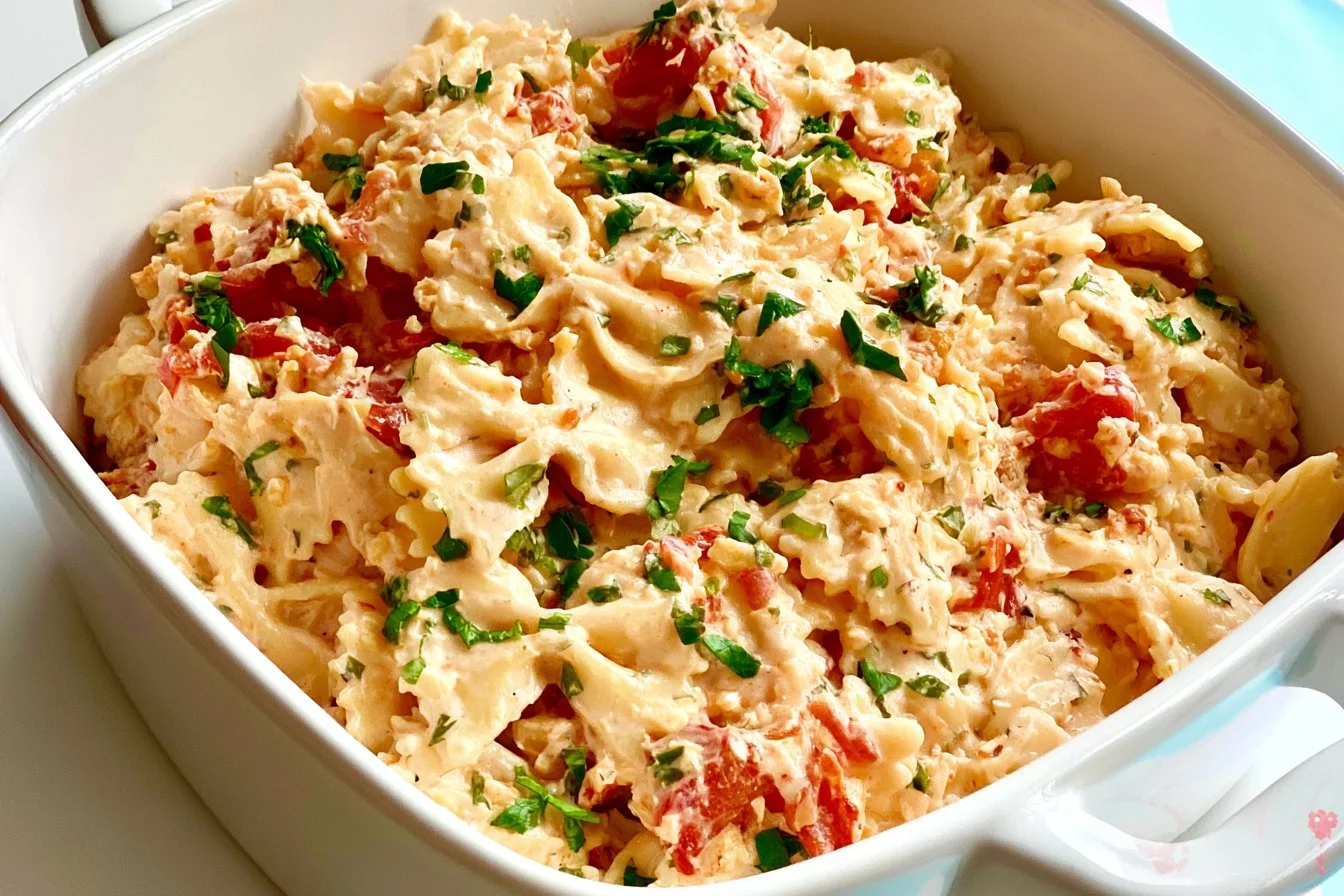 Baked feta pasta topped with fresh herbs and tomatoes.