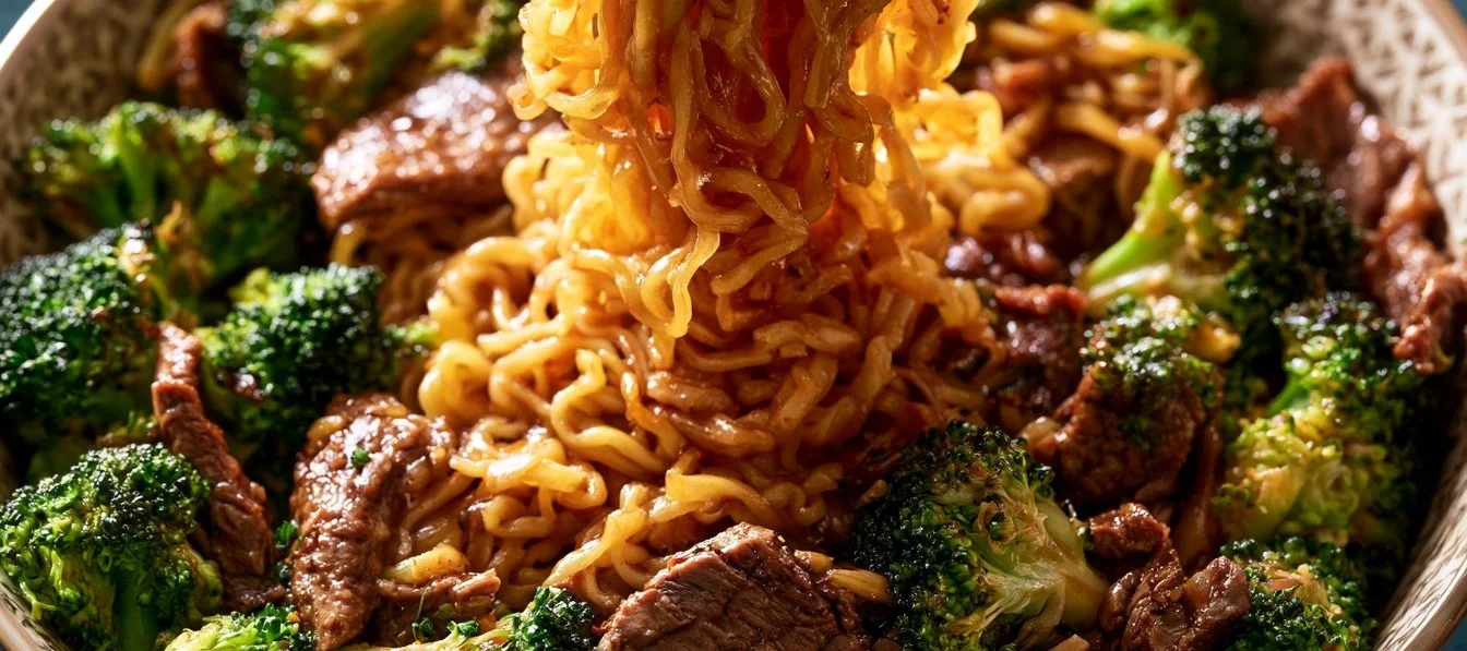 Beef and Broccoli Ramen Stir Fry with colorful vegetables in a bowl