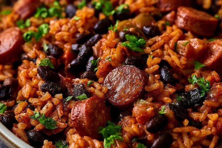 Plate of black beans and rice with sausage garnished with herbs