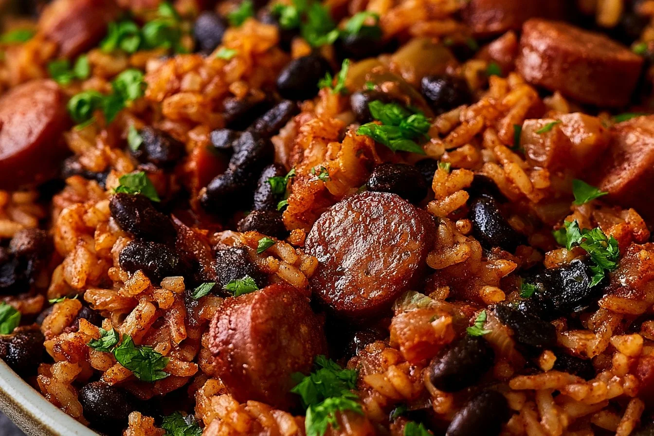Plate of black beans and rice with sausage garnished with herbs