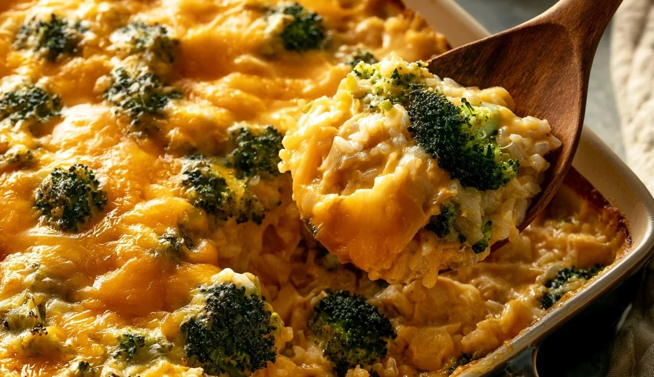 Broccoli Cheddar Chicken and Rice Casserole topped with melted cheese and broccoli
