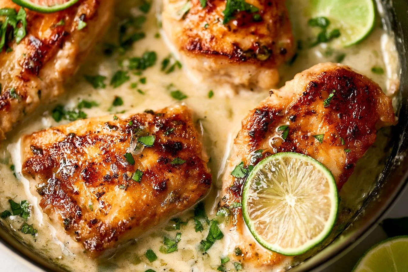 Plate of Coconut Lime Chicken garnished with lime slices and fresh herbs