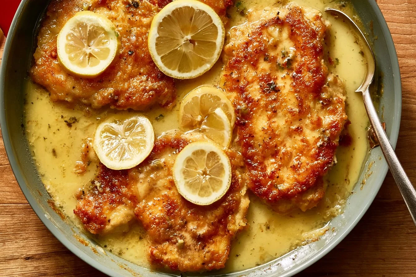 Creamy Chicken Francese served with lemon sauce and fresh herbs