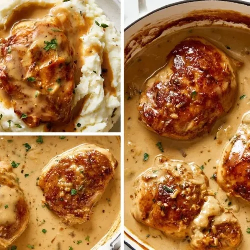Creamy garlic chicken served with gravy and mashed potatoes for a delicious dinner