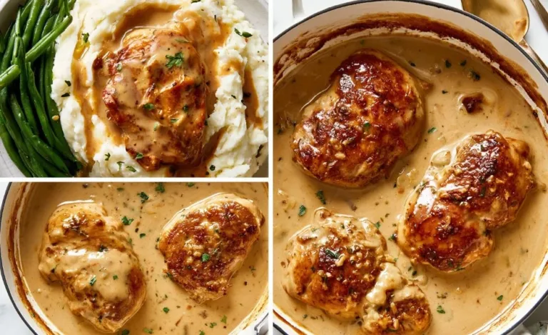 Creamy garlic chicken served with gravy and mashed potatoes for a delicious dinner