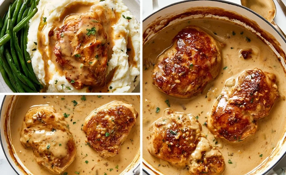 Creamy garlic chicken served with gravy and mashed potatoes for a delicious dinner