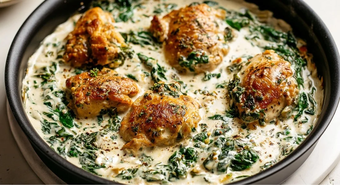 Creamy spinach garlic chicken served in a skillet with fresh herbs