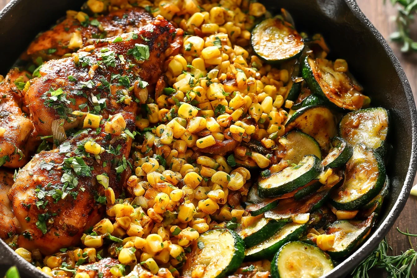 Delicious Garlic Butter Chicken with Zucchini and Corn in a skillet