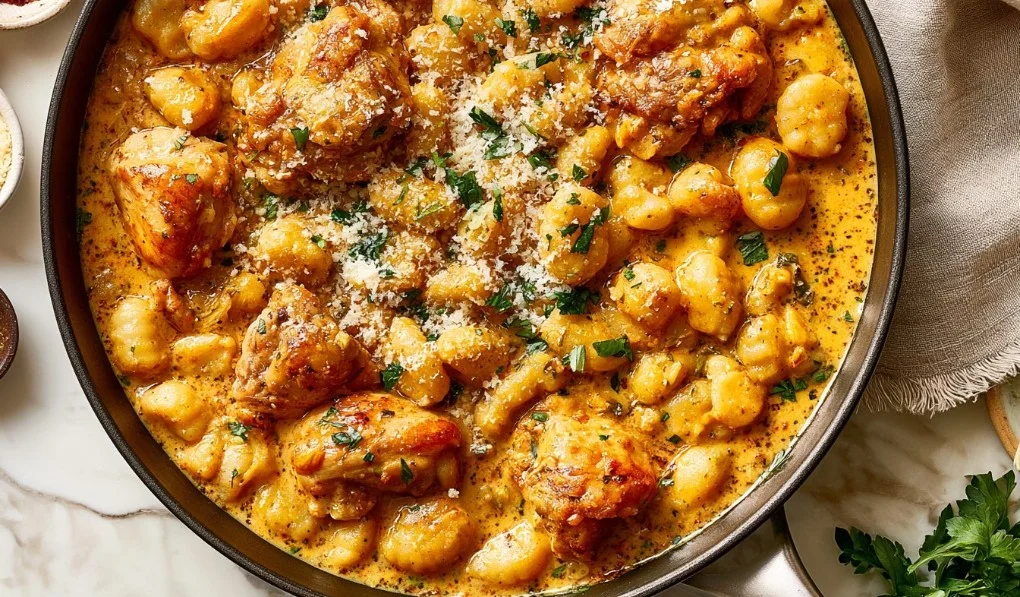 Delicious Garlic Chicken Gnocchi Skillet with fresh ingredients
